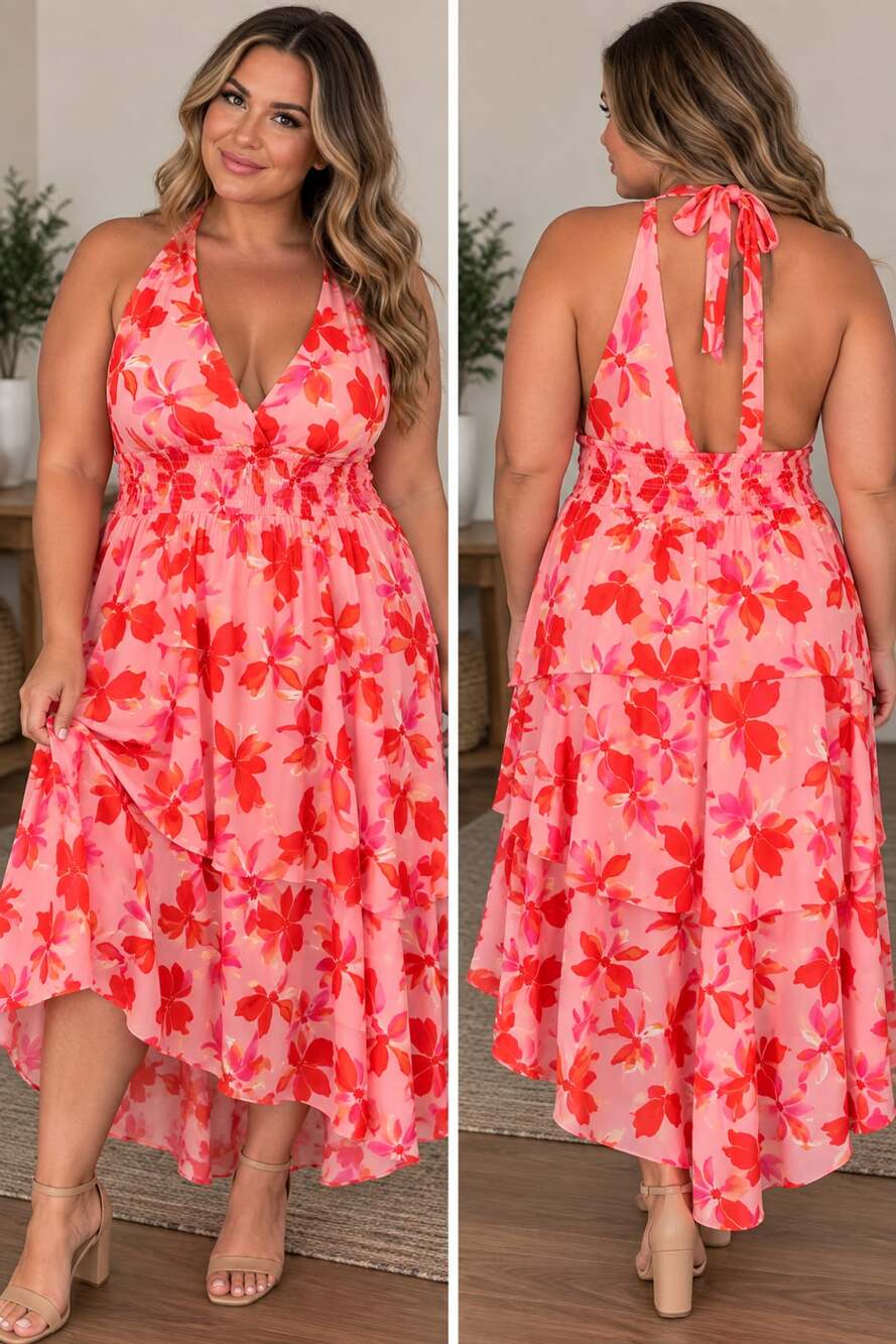 Madden NYC Halter Maxi Dress Size XXXL Pink Floral Ruffle High-Low